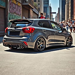 A modified gray Kia Rio hatchback parked in an urban setting