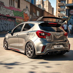 A modified gray Kia Rio hatchback parked in an urban setting