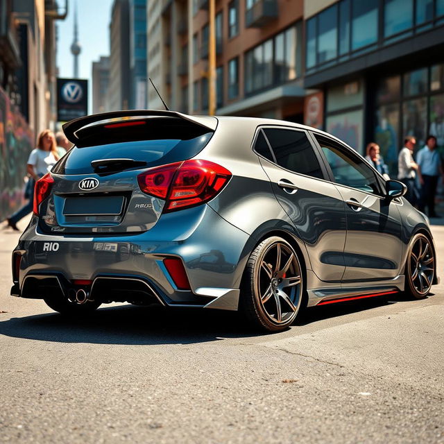 A modified gray Kia Rio hatchback parked in an urban setting