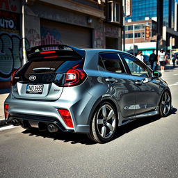 A modified gray Kia Rio hatchback parked in an urban setting