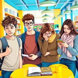 A scene featuring four college students, two males and two females, all displaying expressions of anxiety and worry