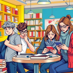A scene featuring four college students, two males and two females, all displaying expressions of anxiety and worry