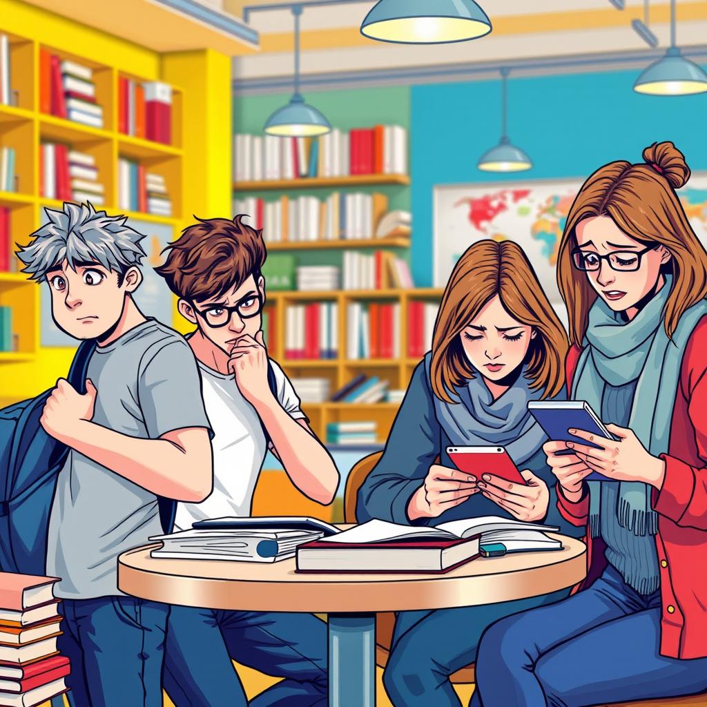 A scene featuring four college students, two males and two females, all displaying expressions of anxiety and worry