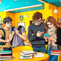 A scene featuring four college students, two males and two females, all displaying expressions of anxiety and worry