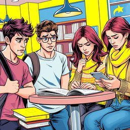 A scene featuring four college students, two males and two females, all displaying expressions of anxiety and worry