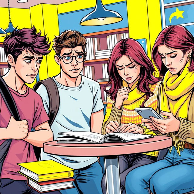 A scene featuring four college students, two males and two females, all displaying expressions of anxiety and worry