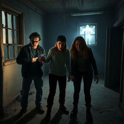 A spine-chilling horror scene featuring three people, each with distinct expressions of fear and terror