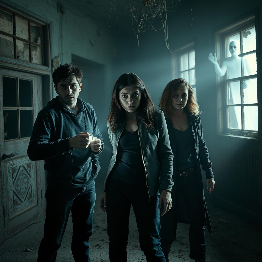 A spine-chilling horror scene featuring three people, each with distinct expressions of fear and terror