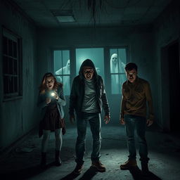 A spine-chilling horror scene featuring three people, each with distinct expressions of fear and terror