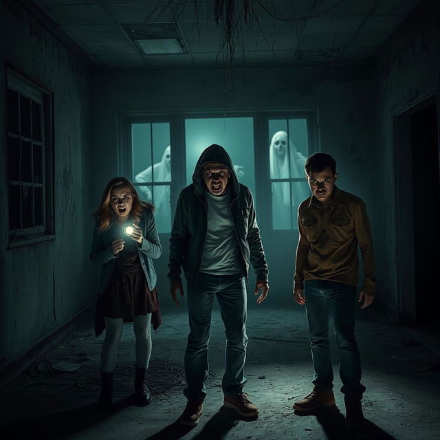 A spine-chilling horror scene featuring three people, each with distinct expressions of fear and terror