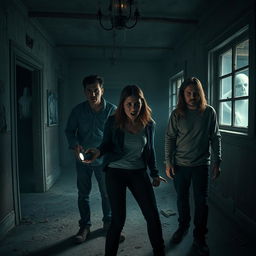 A spine-chilling horror scene featuring three people, each with distinct expressions of fear and terror