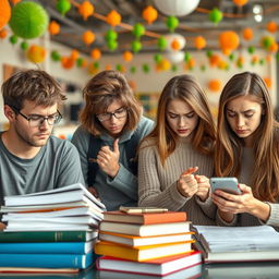 A scene portraying four college students, two females and two males, all exhibiting genuine expressions of anxiety and concern