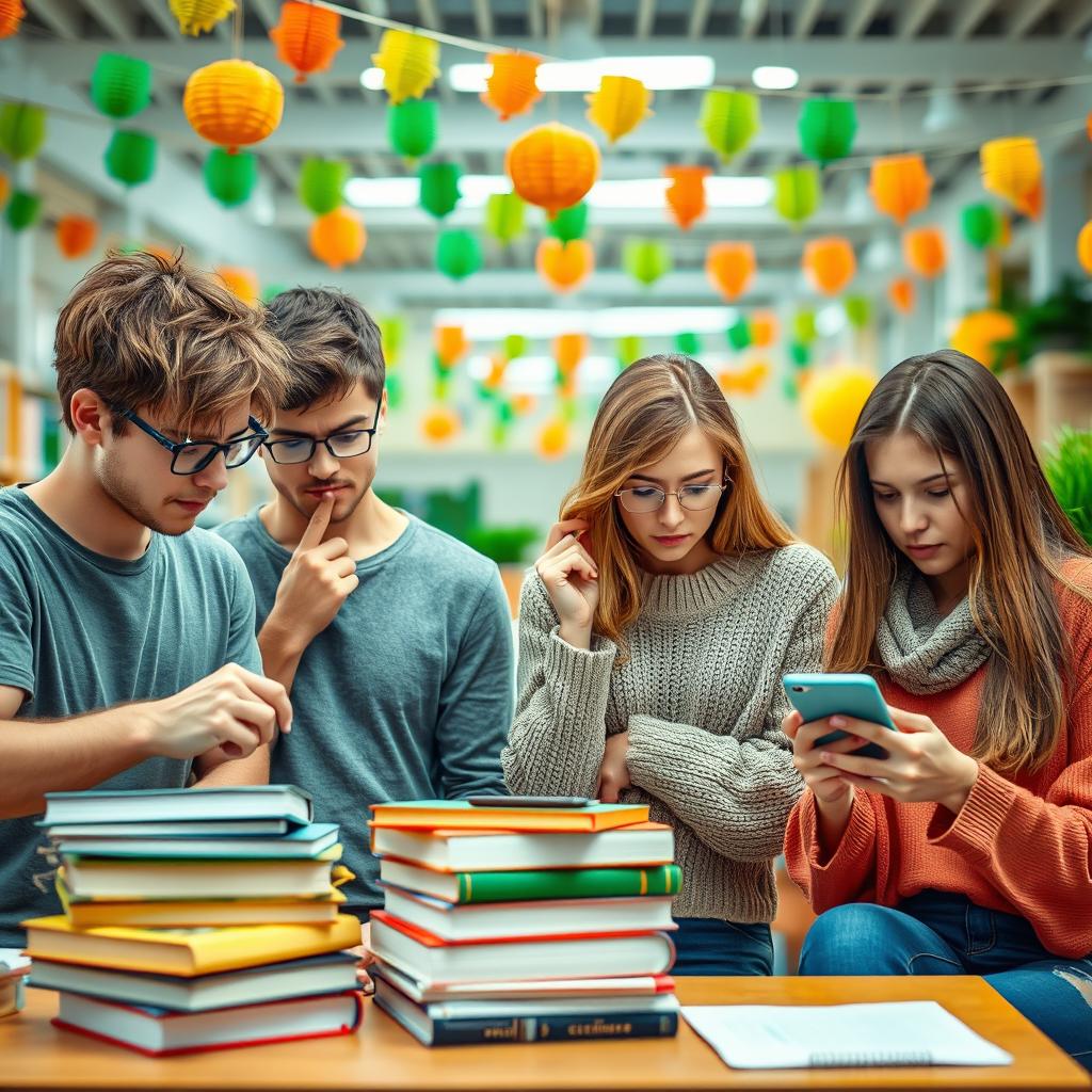 A scene portraying four college students, two females and two males, all exhibiting genuine expressions of anxiety and concern