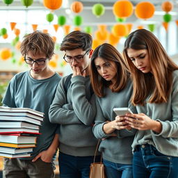 A scene portraying four college students, two females and two males, all exhibiting genuine expressions of anxiety and concern