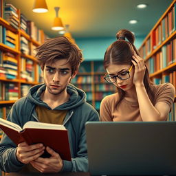 A scene depicting two college students, one male and one female, both showing expressions of anxiety and worry