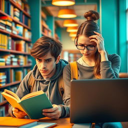A scene depicting two college students, one male and one female, both showing expressions of anxiety and worry