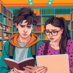 A scene depicting two college students, one male and one female, both showing expressions of anxiety and worry