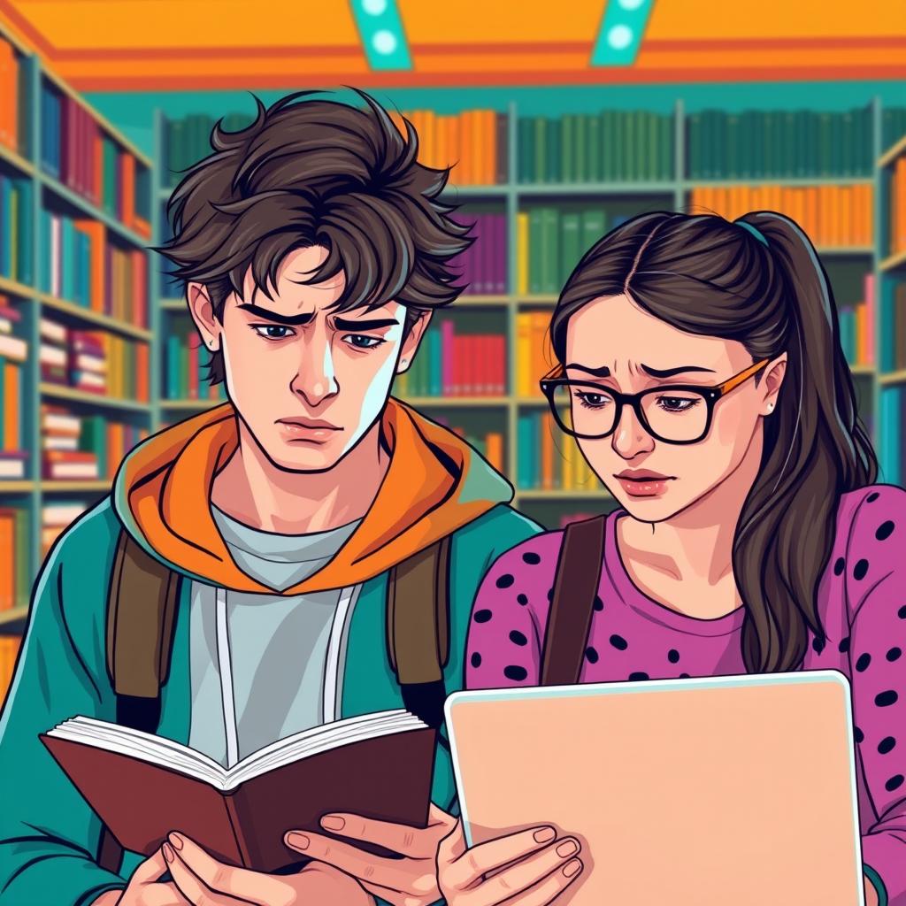 A scene depicting two college students, one male and one female, both showing expressions of anxiety and worry