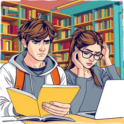 A scene depicting two college students, one male and one female, both showing expressions of anxiety and worry