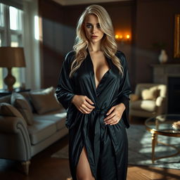 A beautiful blonde model wearing a slightly open silk black robe, elegantly walking through her tastefully furnished living room