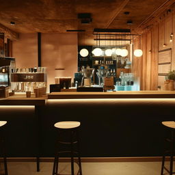 Interior design of a 10m x 10m coffee shop with cozy seating, warm lighting, and a compelling bar area.