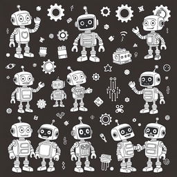 A collection of engaging robot-themed coloring pages featuring a variety of unique robots displaying different emotions and activities