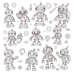 A collection of engaging robot-themed coloring pages featuring a variety of unique robots displaying different emotions and activities