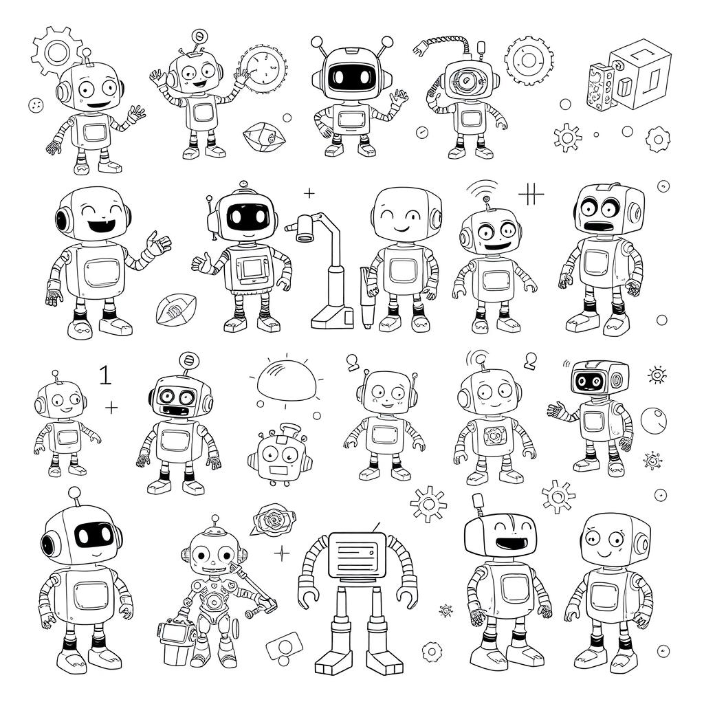 A collection of engaging robot-themed coloring pages featuring a variety of unique robots displaying different emotions and activities