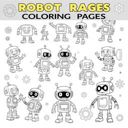 A collection of engaging robot-themed coloring pages featuring a variety of unique robots displaying different emotions and activities