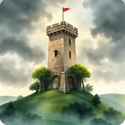 A card design featuring a medieval watchtower, set against a moody, cloudy sky