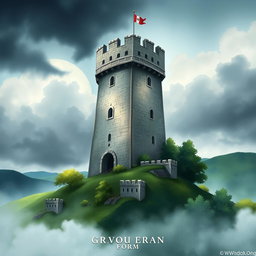 A card design featuring a medieval watchtower, set against a moody, cloudy sky
