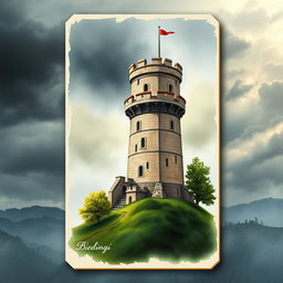 A card design featuring a medieval watchtower, set against a moody, cloudy sky