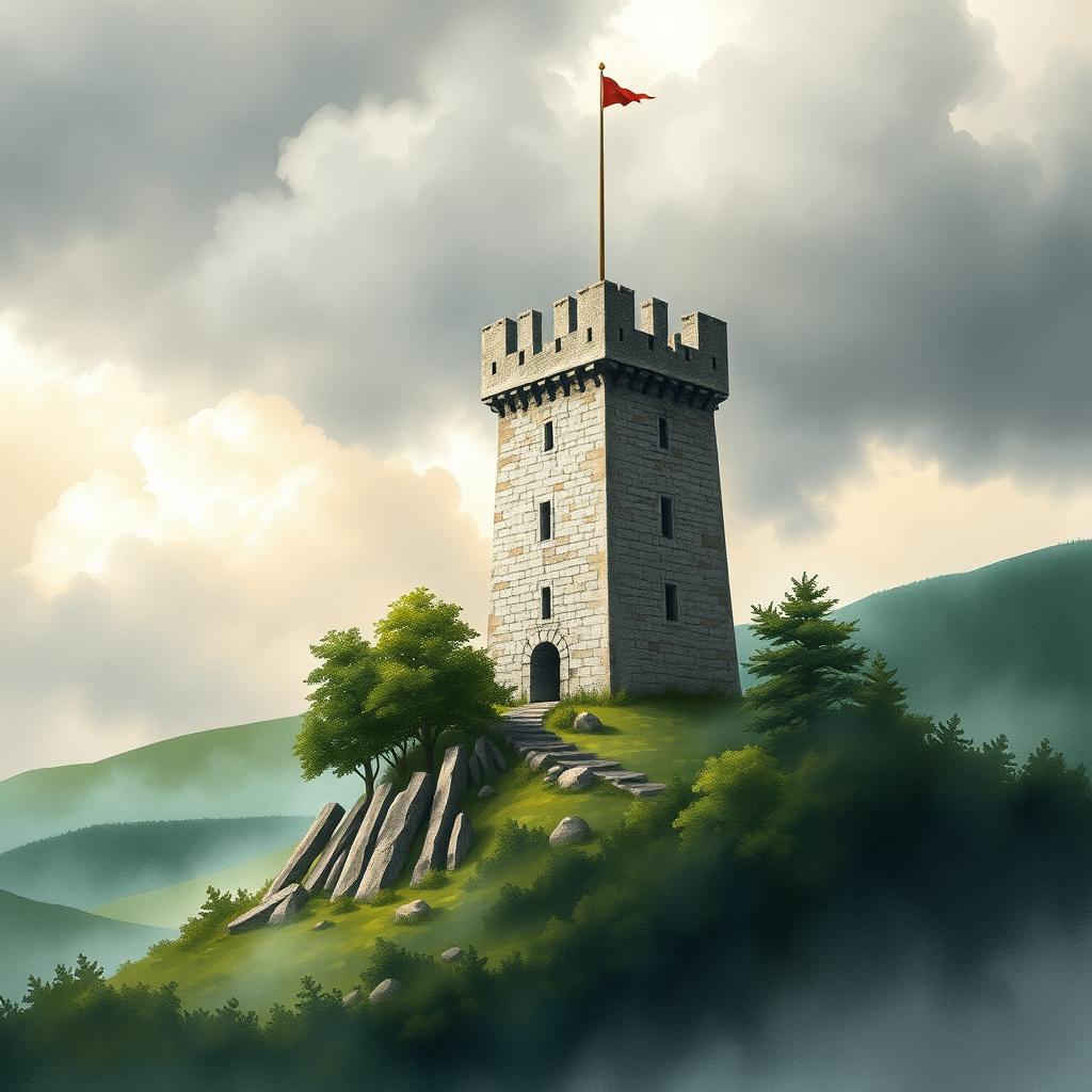 A card design featuring a medieval watchtower, set against a moody, cloudy sky