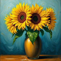 A stunning Van Gogh style painting of sunflowers in a rustic vase
