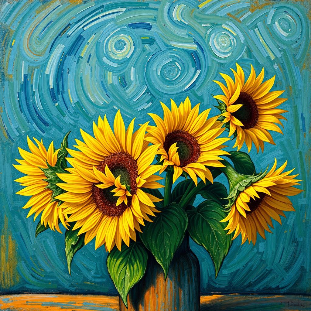 A stunning Van Gogh style painting of sunflowers in a rustic vase