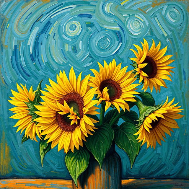 A stunning Van Gogh style painting of sunflowers in a rustic vase