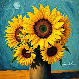 A stunning Van Gogh style painting of sunflowers in a rustic vase