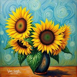 A stunning Van Gogh style painting of sunflowers in a rustic vase