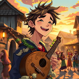 An anime-style portrayal of 30-year-old bard Maximiliano, featuring sharp, expressive facial features and vibrant, detailed artwork