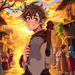 An anime-style portrayal of 30-year-old bard Maximiliano, featuring sharp, expressive facial features and vibrant, detailed artwork