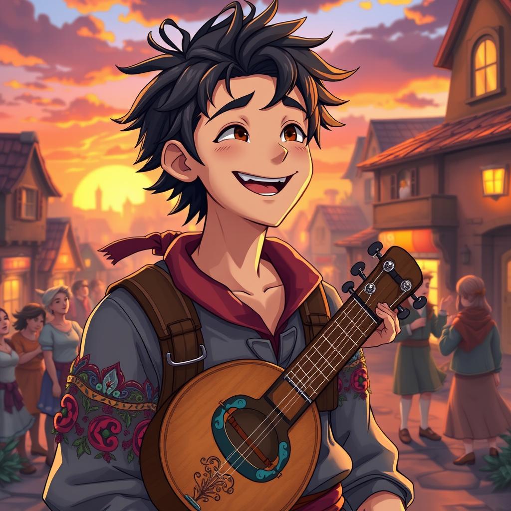 An anime-style portrayal of 30-year-old bard Maximiliano, featuring sharp, expressive facial features and vibrant, detailed artwork