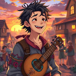 An anime-style portrayal of 30-year-old bard Maximiliano, featuring sharp, expressive facial features and vibrant, detailed artwork