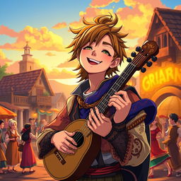 An anime-style portrayal of 30-year-old bard Maximiliano, featuring sharp, expressive facial features and vibrant, detailed artwork