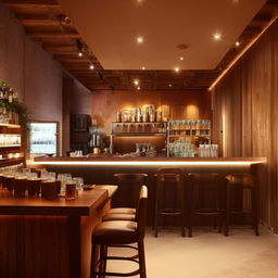 Interior design of a 10m x 10m coffee shop with cozy seating, warm lighting, and a compelling bar area.