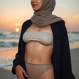 A modestly dressed woman wearing a hijab, with a small pasty covering on her breasts, and transparent bikini bottom that modestly covers her intimate area