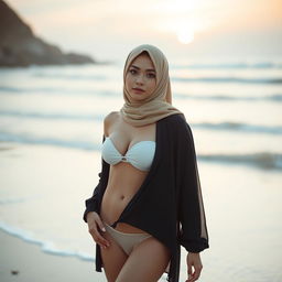 A modestly dressed woman wearing a hijab, with a small pasty covering on her breasts, and transparent bikini bottom that modestly covers her intimate area