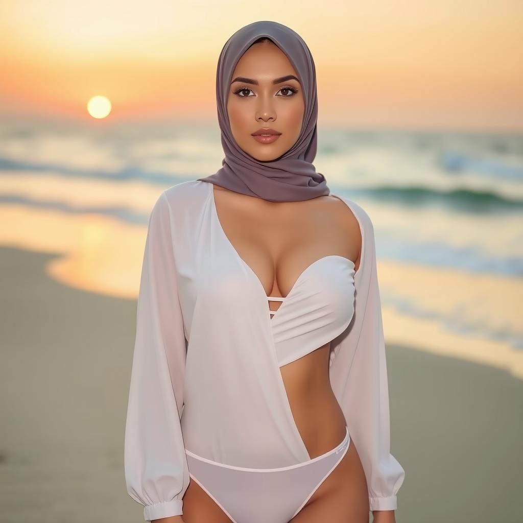 A modestly dressed woman wearing a hijab, with a small pasty covering on her breasts, and transparent bikini bottom that modestly covers her intimate area