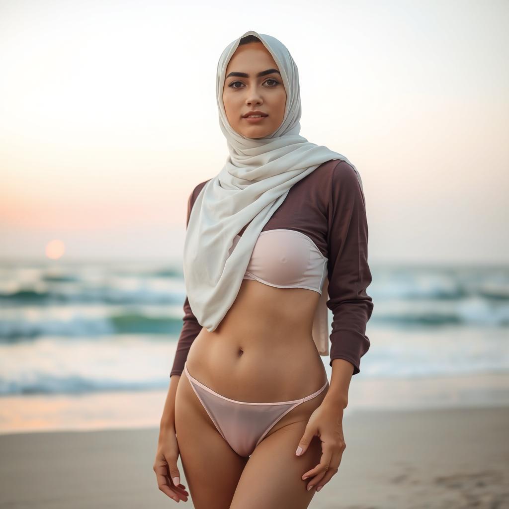 A modestly dressed woman wearing a hijab, with a small pasty covering on her breasts, and transparent bikini bottom that modestly covers her intimate area