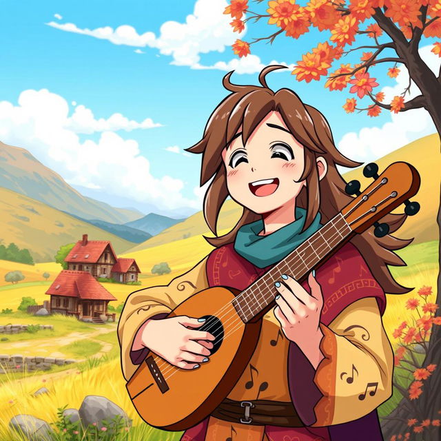 A vibrant anime-style character named Maximiliano, a 30-year-old bard with a carefree demeanor, depicting his life journey