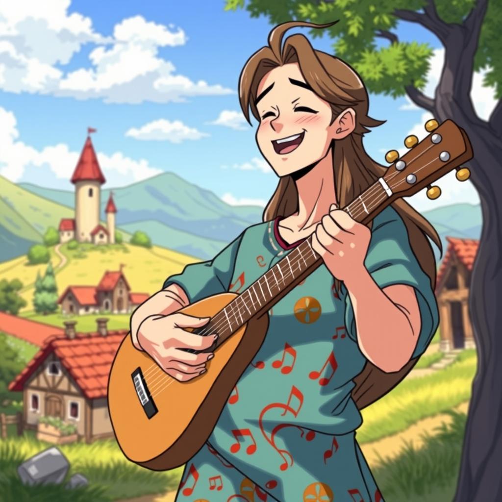 A vibrant anime-style character named Maximiliano, a 30-year-old bard with a carefree demeanor, depicting his life journey